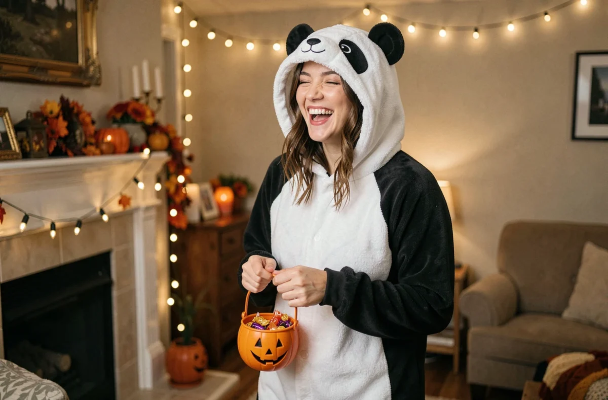 Jeune femme portant une combinaison pyjama animal panda lors d'une soirée Halloween déguisée dans un salon décoré
