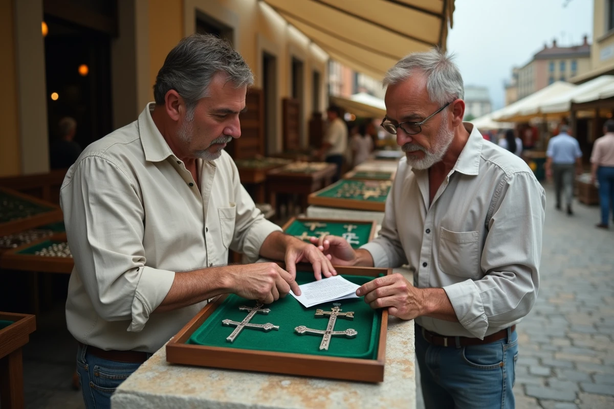 Deux antiquaires comparant des croix du Portugal sur un plateau de velours vert dans un marché aux puces
