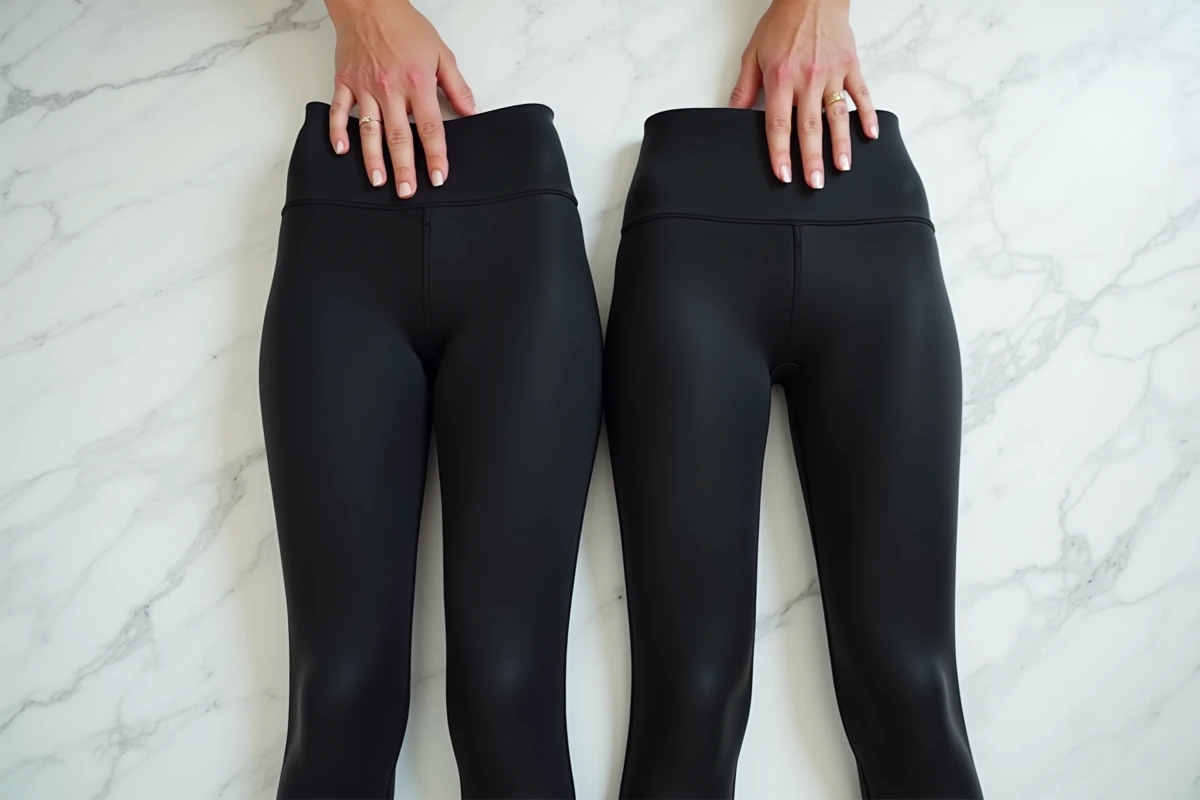 Comparaison à plat d'un legging classique et d'un legging minceur sur marbre blanc
