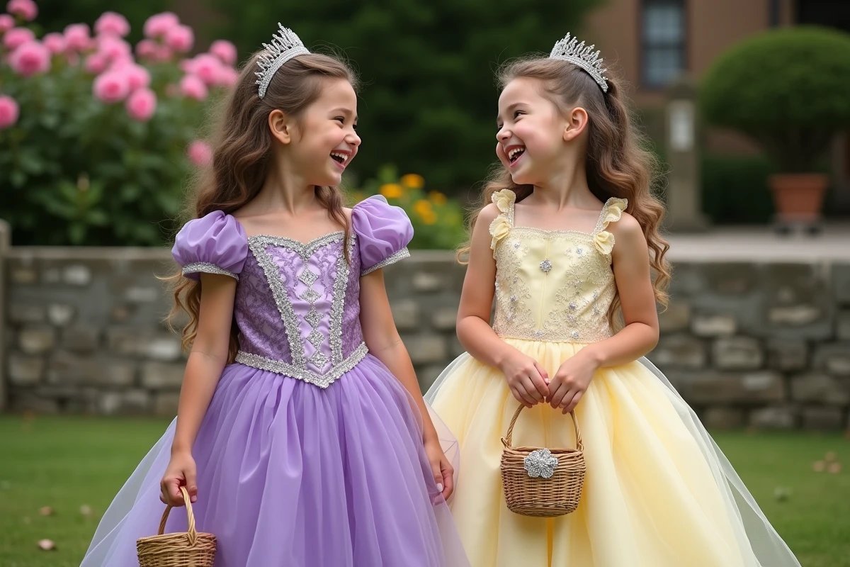 Deux fillettes portant des robes de princesse différentes dans un jardin fleuri, comparaison entre location et achat de déguisement