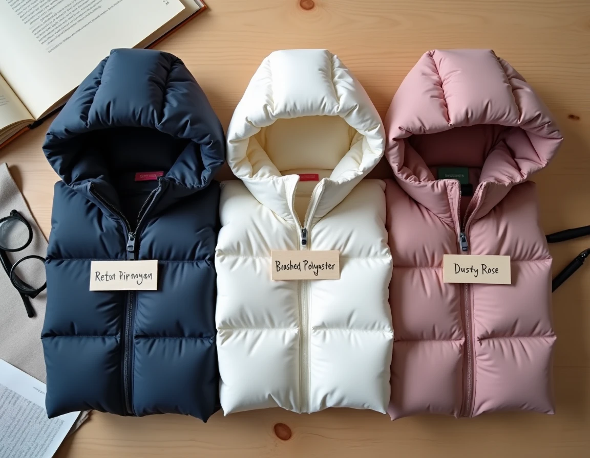 Comparaison de trois capuches doudoune en différentes matières — nylon, polyester brossé et fibre recyclée — pour choisir la meilleure contre la surchauffe