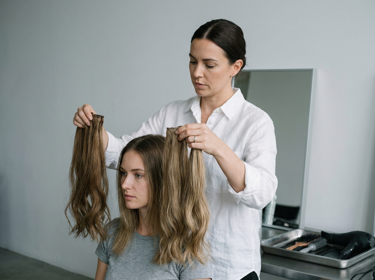 Coiffeuse professionnelle comparant des mèches d'extensions de cheveux naturels avec la chevelure d'une cliente
