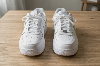Comparaison entre une paire de Nike Air Force 1 authentique et une contrefaçon posées sur une table en bois
