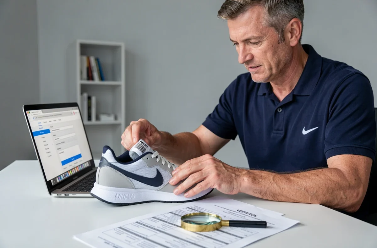 Homme comparant le numéro de série Nike avec les informations affichées sur un ordinateur portable