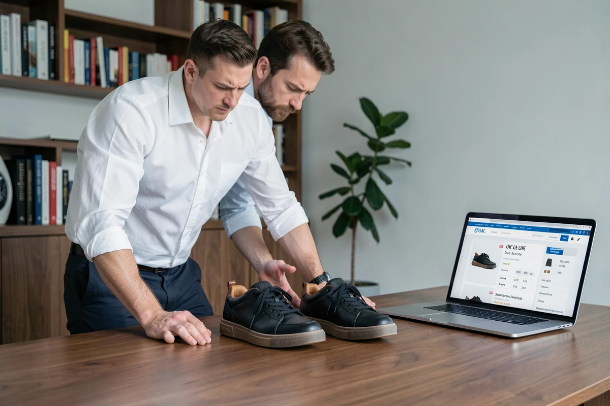 Homme comparant deux paires de sneakers de tailles différentes sur un bureau avec un guide des tailles UK affiché sur un ordinateur portable