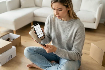 Femme consultant un tableau de conversion des tailles de chaussures UK sur son smartphone, entourée de boîtes à chaussures ouvertes dans un salon moderne