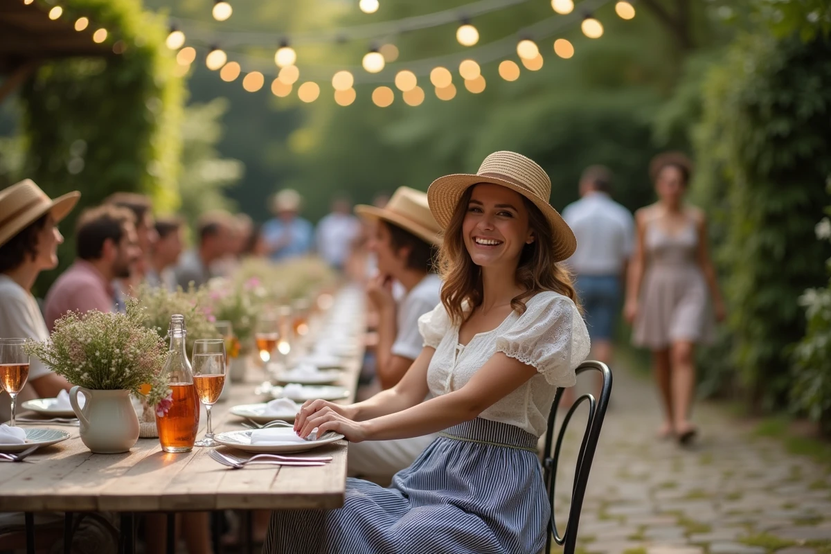 Femme en costume guinguette authentique avec chapeau de paille, jupe rayée et espadrilles, assise à une table de jardin festive sous des lampions et des marronniers