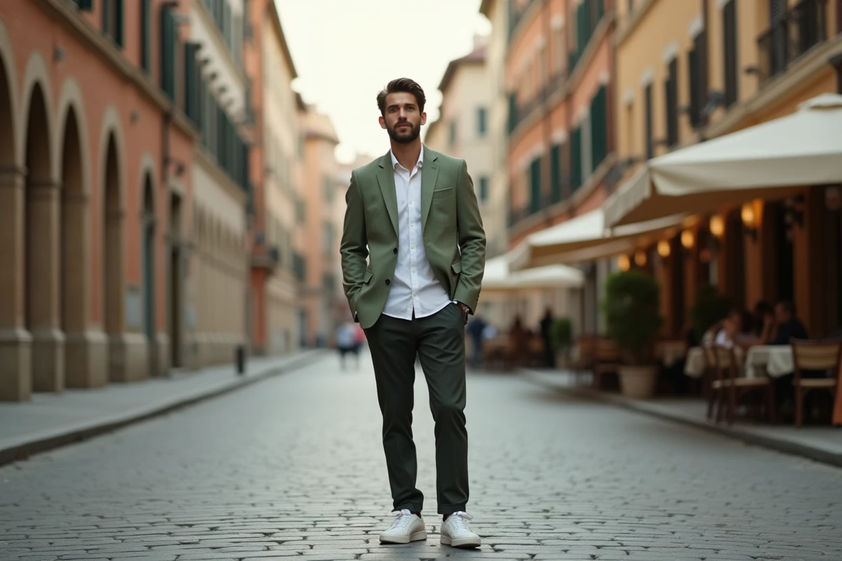 Homme en blazer vert sauge sur pavés européens, look tendance couleur mode 2026 pour homme