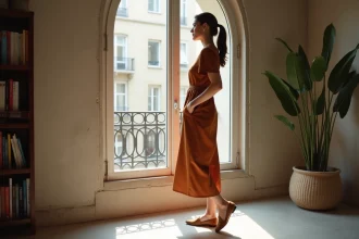 Femme élégante en robe midi terracotta dans un appartement parisien minimaliste, tendance couleur mode 2026