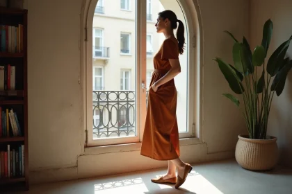 Femme élégante en robe midi terracotta dans un appartement parisien minimaliste, tendance couleur mode 2026