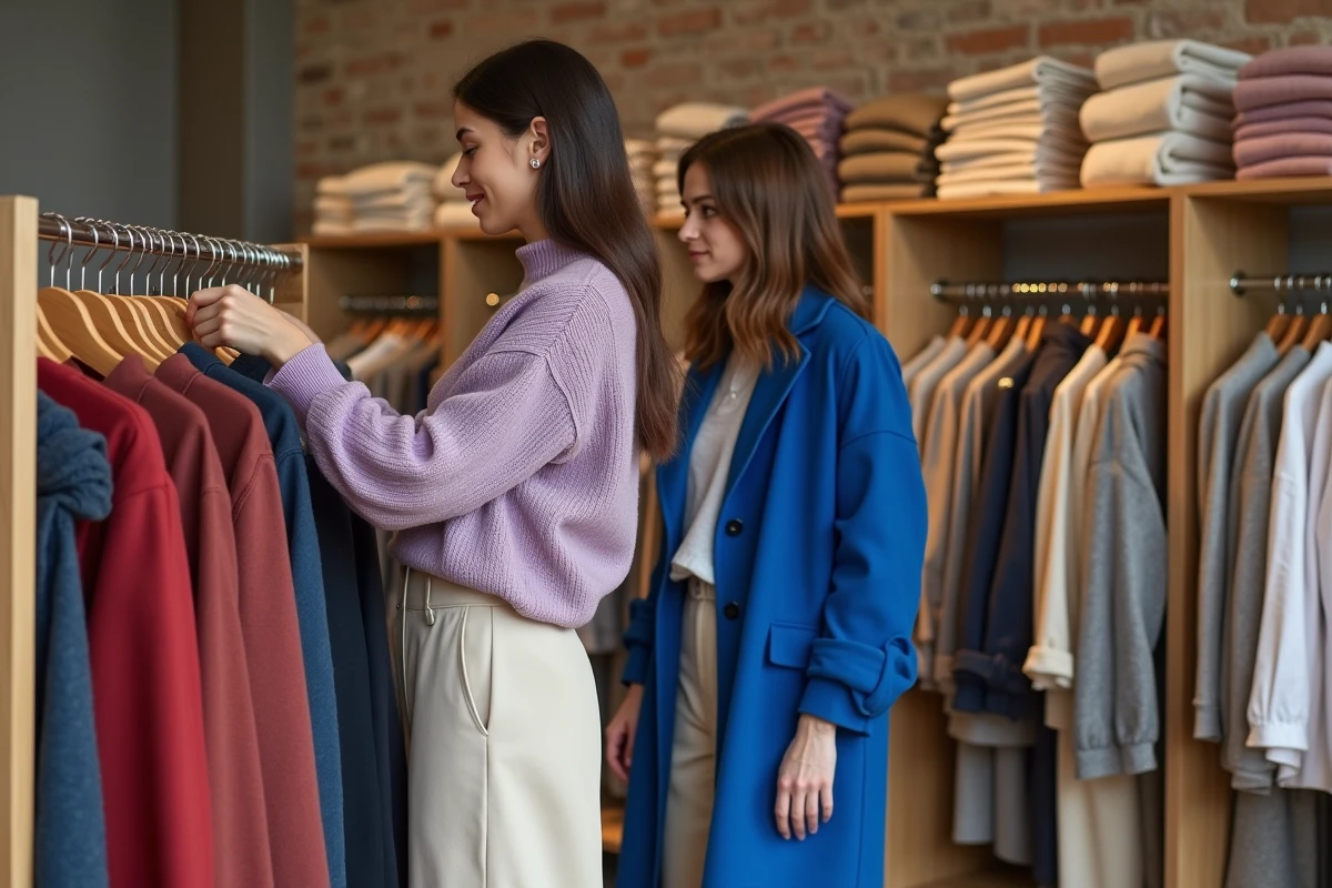 Deux femmes choisissent des vêtements aux couleurs tendance 2026 dans un concept store contemporain