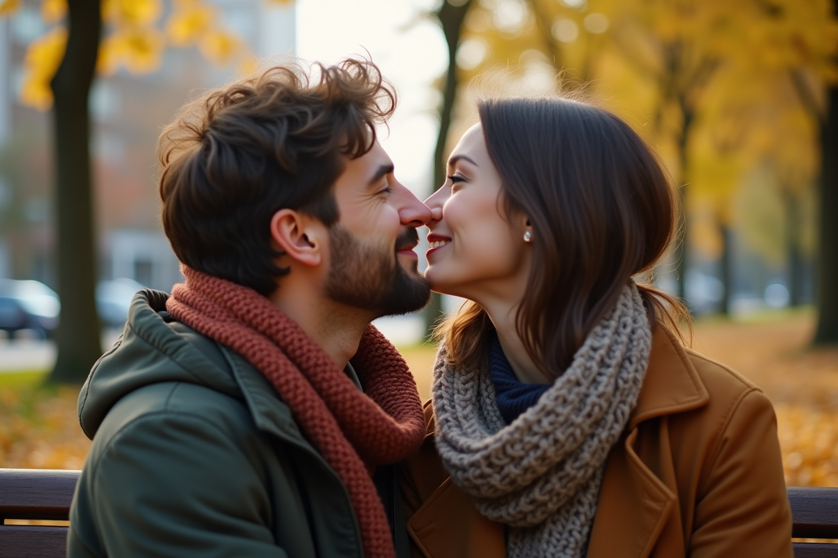 Couple partageant un baiser en plein air avec femme au lipstick