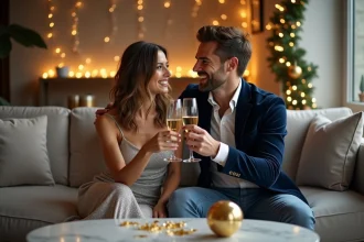 Couple élégant toastant avec champagne pour le réveillon
