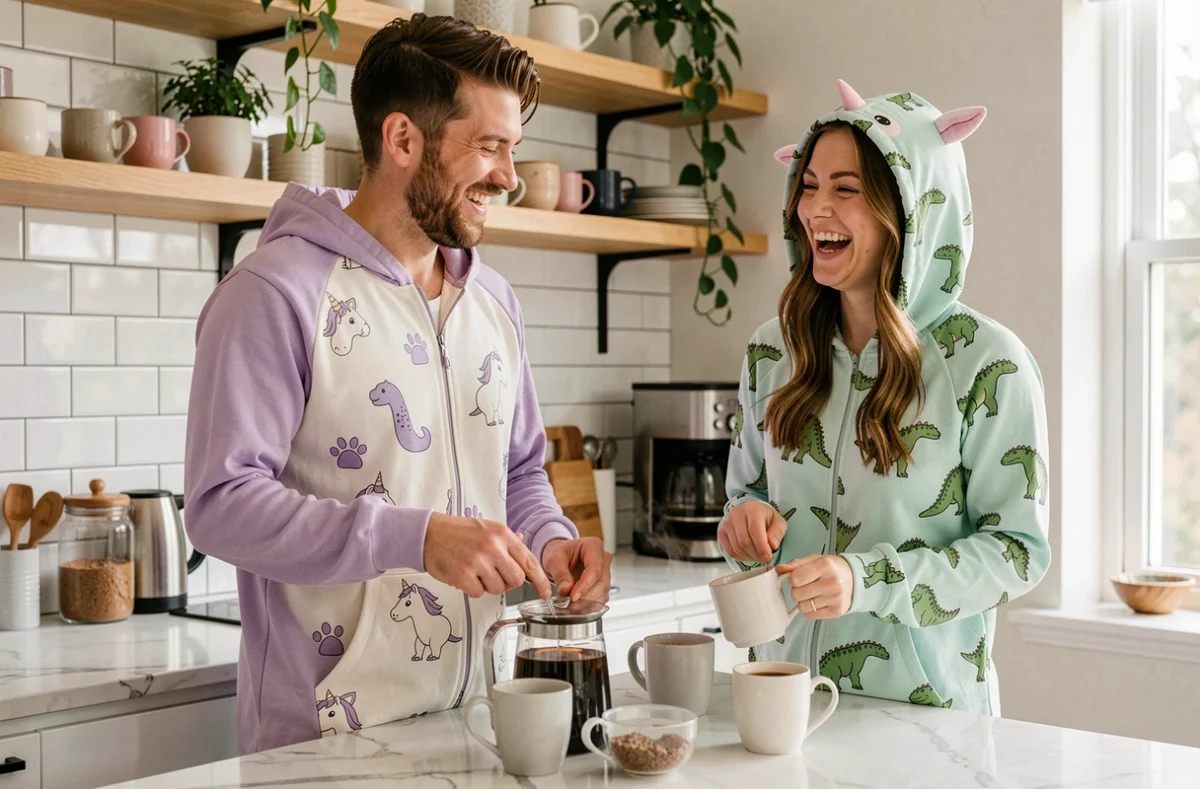Couple d'adultes en grenouillères fantaisie licorne et dinosaure dans une cuisine moderne, mode pyjama tendance