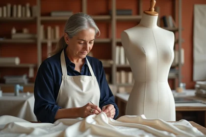 Couturière expérimentée cousant à la main une robe de soirée en soie dans un atelier de couture à Nice