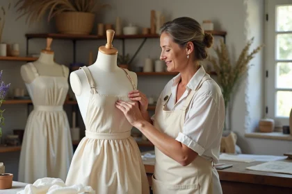 Couturière à Salon-de-Provence épinglant un tissu en soie ivoire sur un mannequin dans son atelier provençal