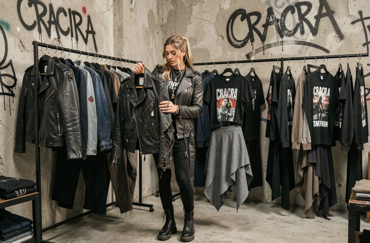 Boutique Cracra à Toulouse avec une cliente au style alternatif inspectant une veste déstructurée sur fond de street art