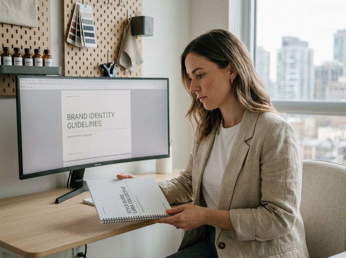 Créatrice de contenu analysant un guide de style de marque dans son studio à domicile