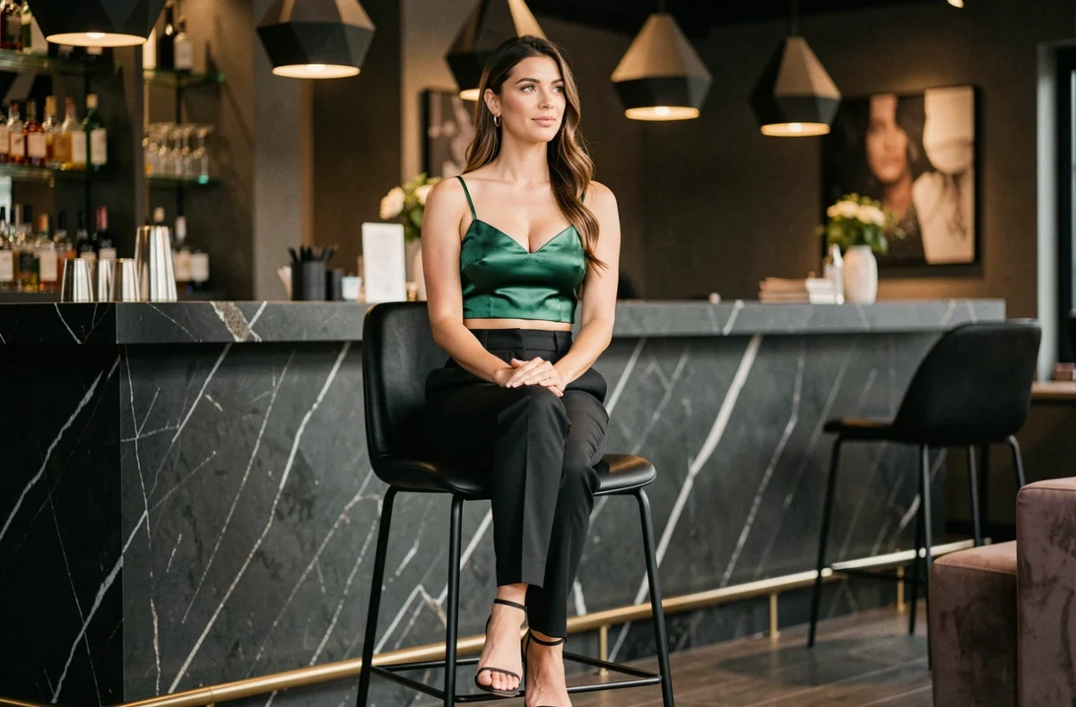 Femme en crop top satiné vert émeraude assise au bar d'un club avec ambiance minimaliste