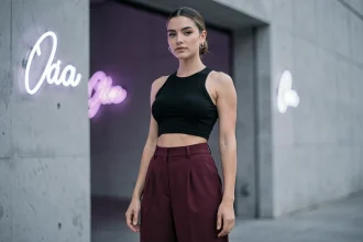 Jeune femme en crop top noir et pantalon bordeaux devant une entrée de club techno