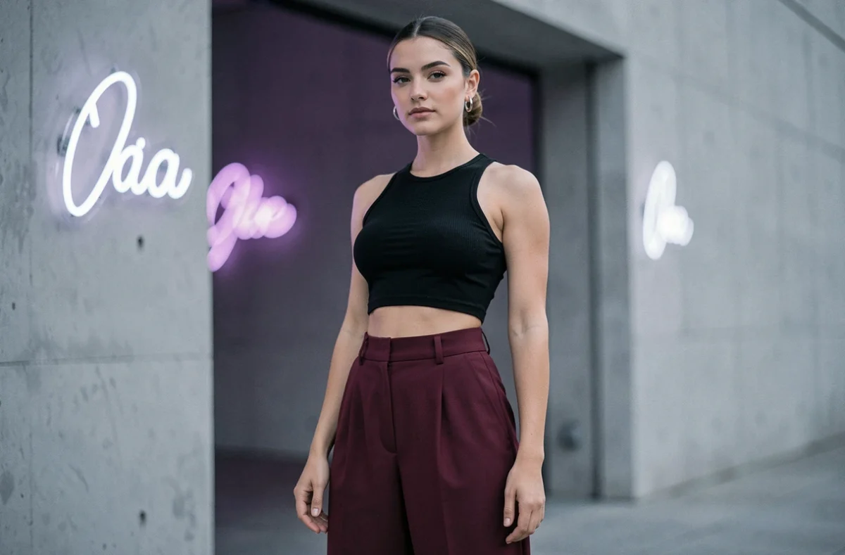 Jeune femme en crop top noir et pantalon bordeaux devant une entrée de club techno