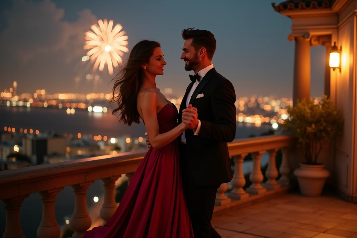 Jeune couple dansant sur un balcon avec vue sur la ville illumin&eacute;e