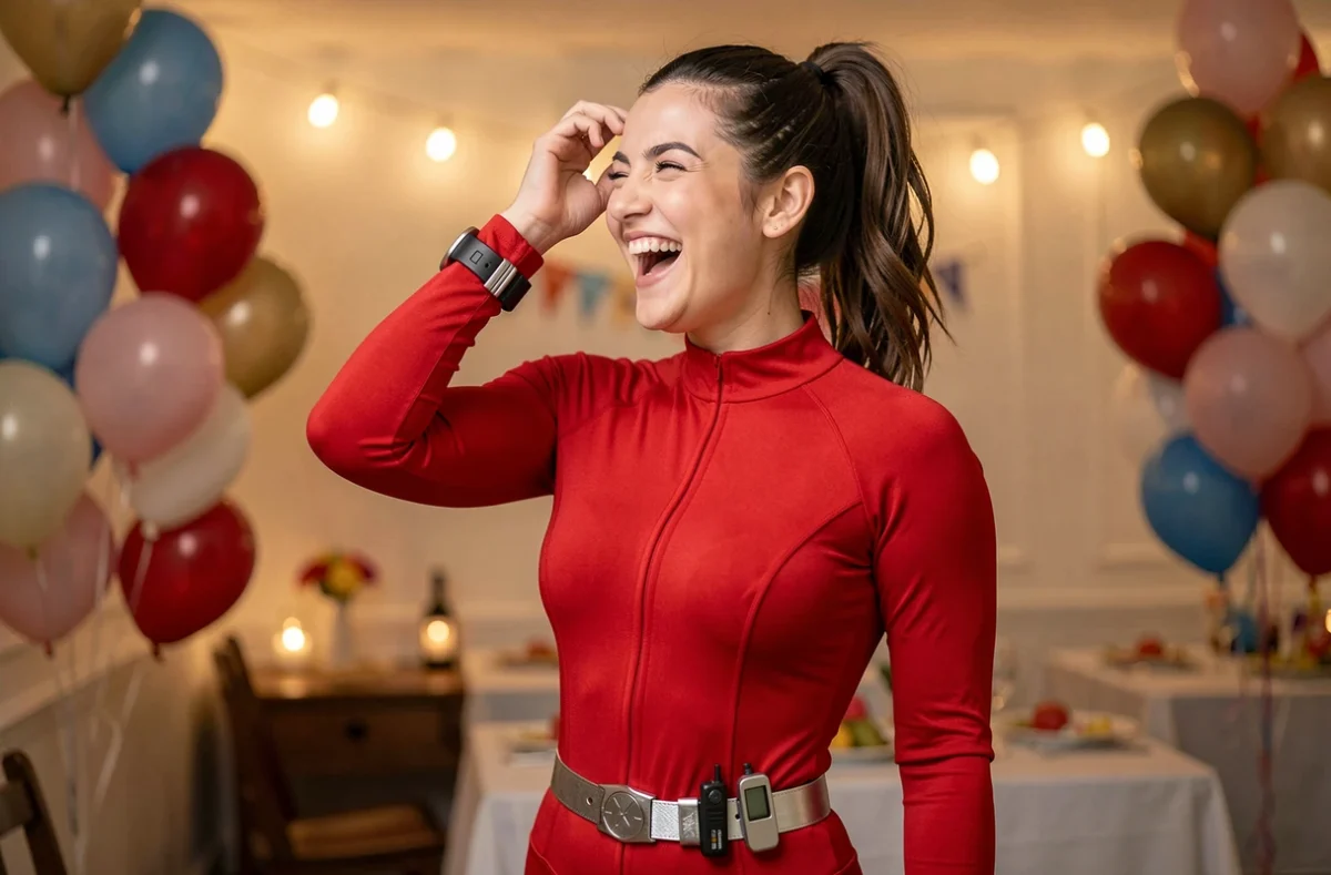 Femme adulte en déguisement d'espionne rouge style Totally Spies lors d'une soirée costumée