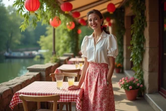 Femme en tenue guinguette rétro avec jupe à pois, chemisier blanc et ruban rouge dans les cheveux, debout sur une terrasse de café au bord de l'eau décorée de lampions
