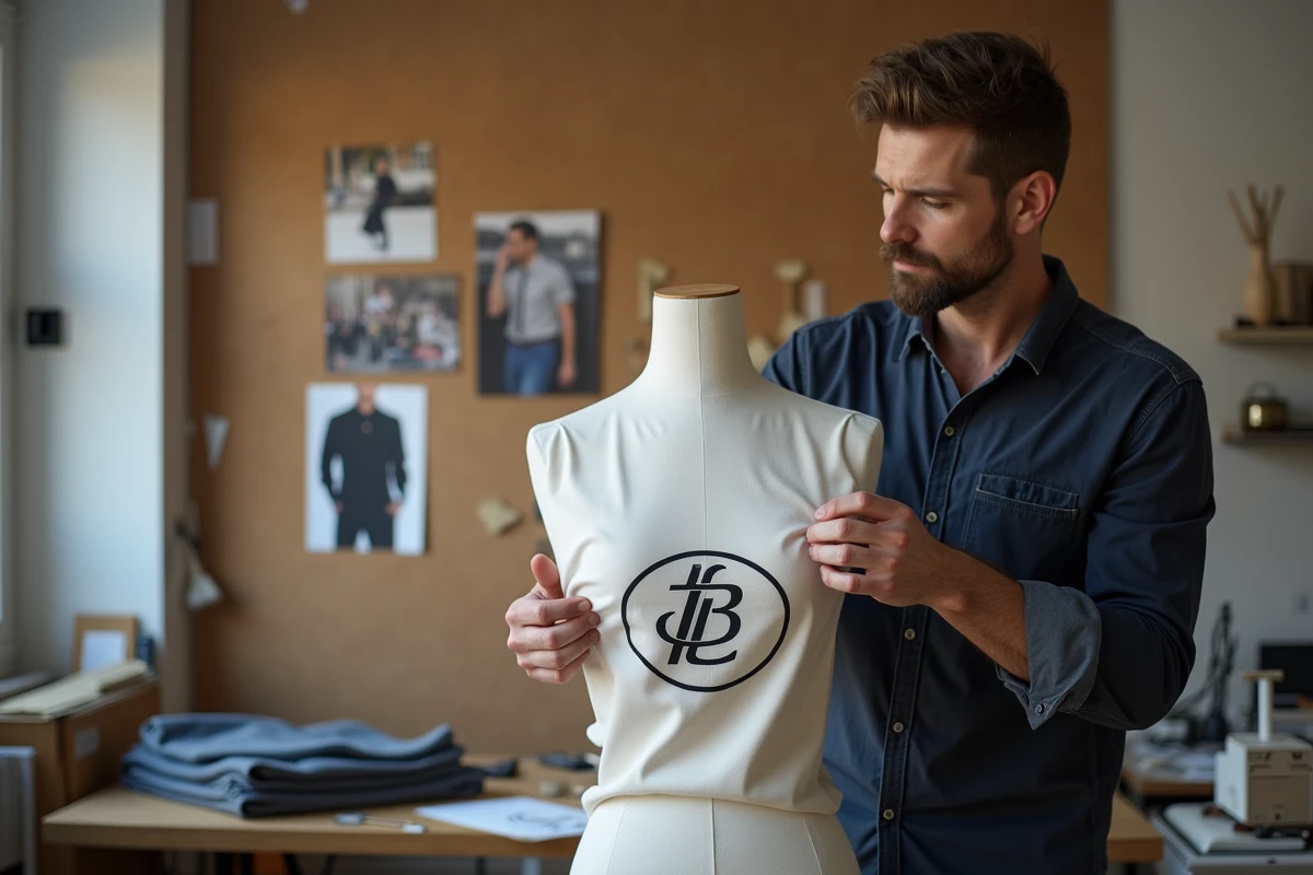 Designer de mode masculin travaillant sur un logo de marque de vêtement inspiré du luxe dans un atelier parisien
