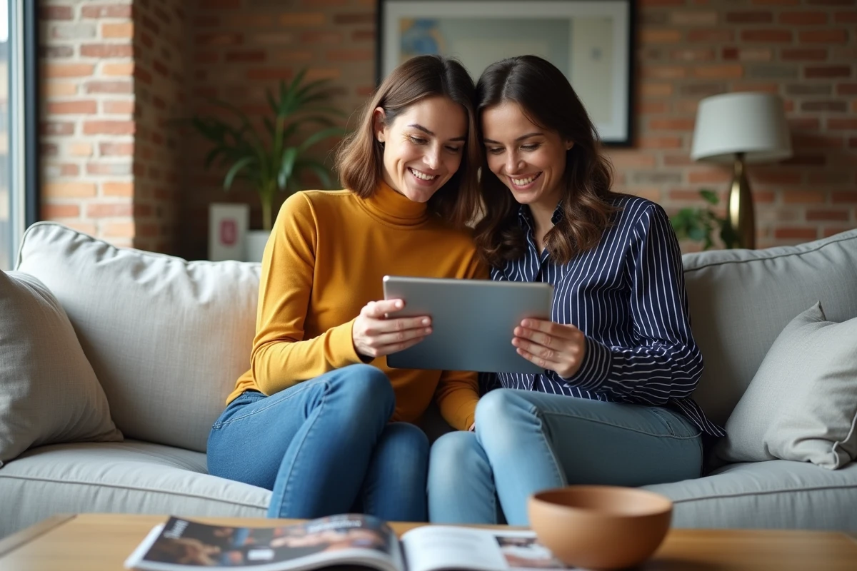 Deux femmes comparant des codes promo et astuces The Bradery sur une tablette dans un salon