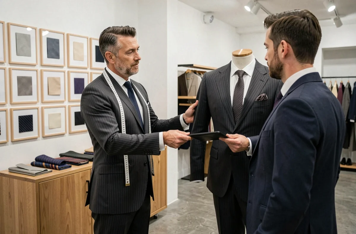 Présentation d'un costume sur mesure à rayures chez Djany à Metz par un tailleur professionnel