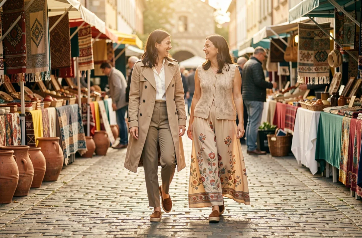 Deux femmes au marché en plein air illustrant la transition entre style classique et allure hippie chic