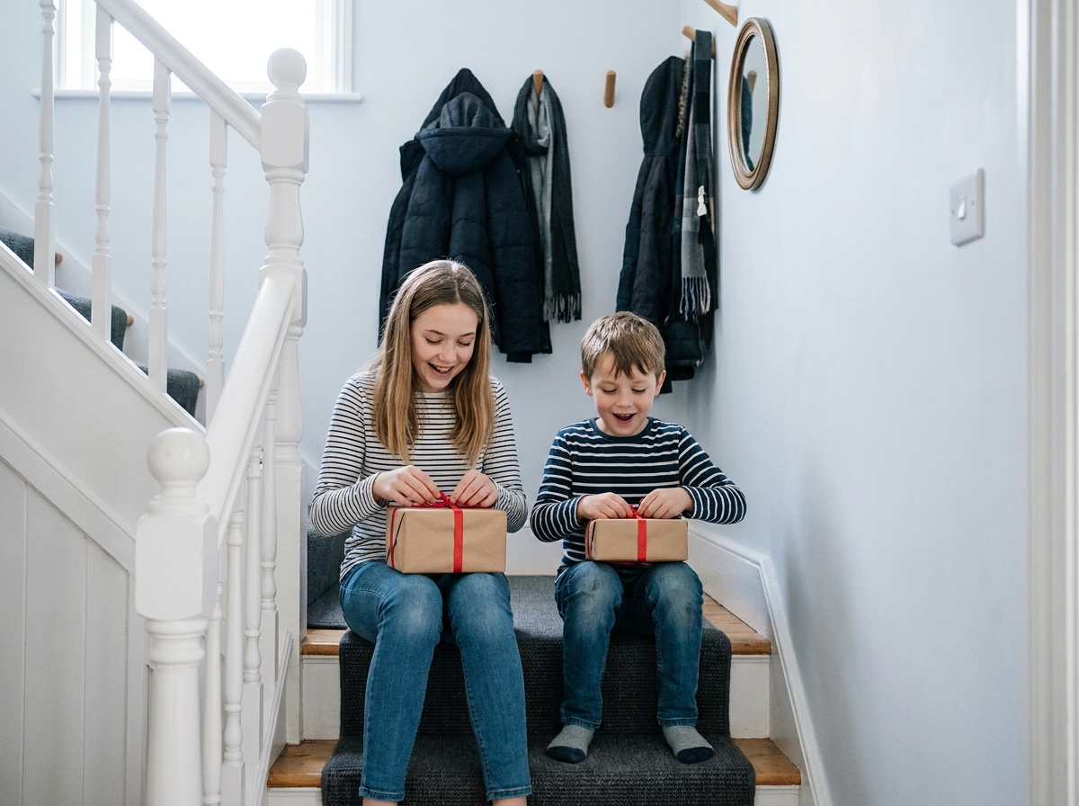 Deux enfants joyeux qui déballent des cadeaux abordables assis dans un escalier familial