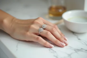 Chevalière or blanc femme posée sur marbre blanc avec accessoires d'entretien bijoux