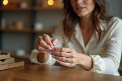 Femme essayant une bague en argent au comptoir d'une bijouterie pour vérifier la taille de son tour de doigt