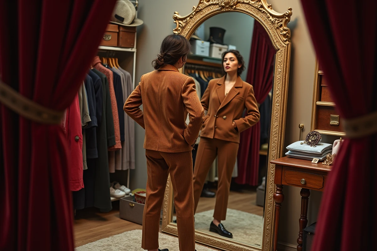 Jeune étudiante qui essaie un blazer en velours côtelé vintage devant un miroir dans une friperie de Toulouse