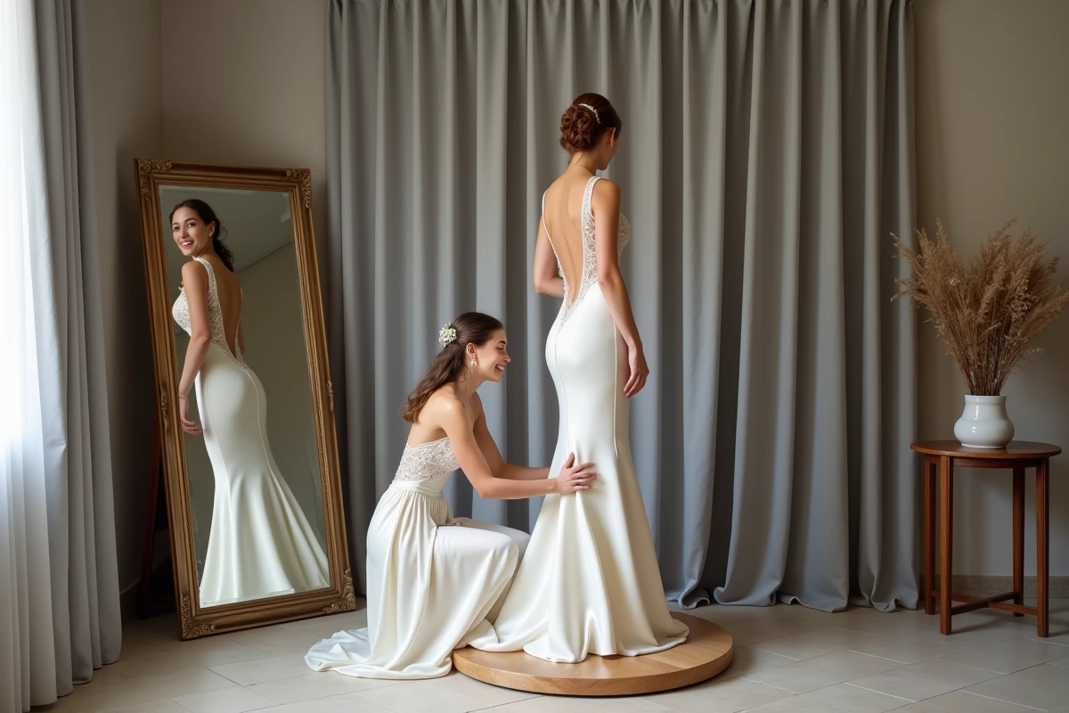 Essayage d'une robe de mariée sur mesure dans un salon de couture à Salon-de-Provence