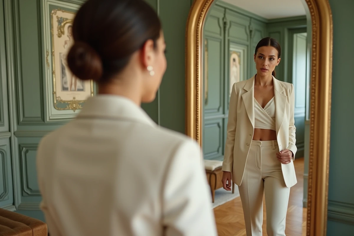 Cliente essayant un vêtement sur mesure dans une boutique de couture haut de gamme à Nice