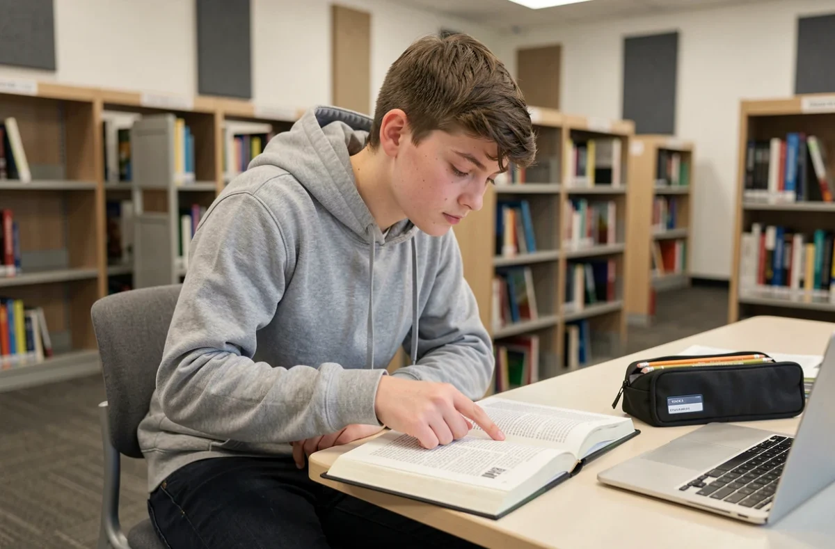 Adolescent étudiant la grammaire française dans une bibliothèque avec un manuel scolaire ouvert