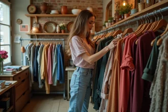 Étudiante qui chine des vêtements vintage dans une boutique de Toulouse avec murs en briques et miroirs anciens