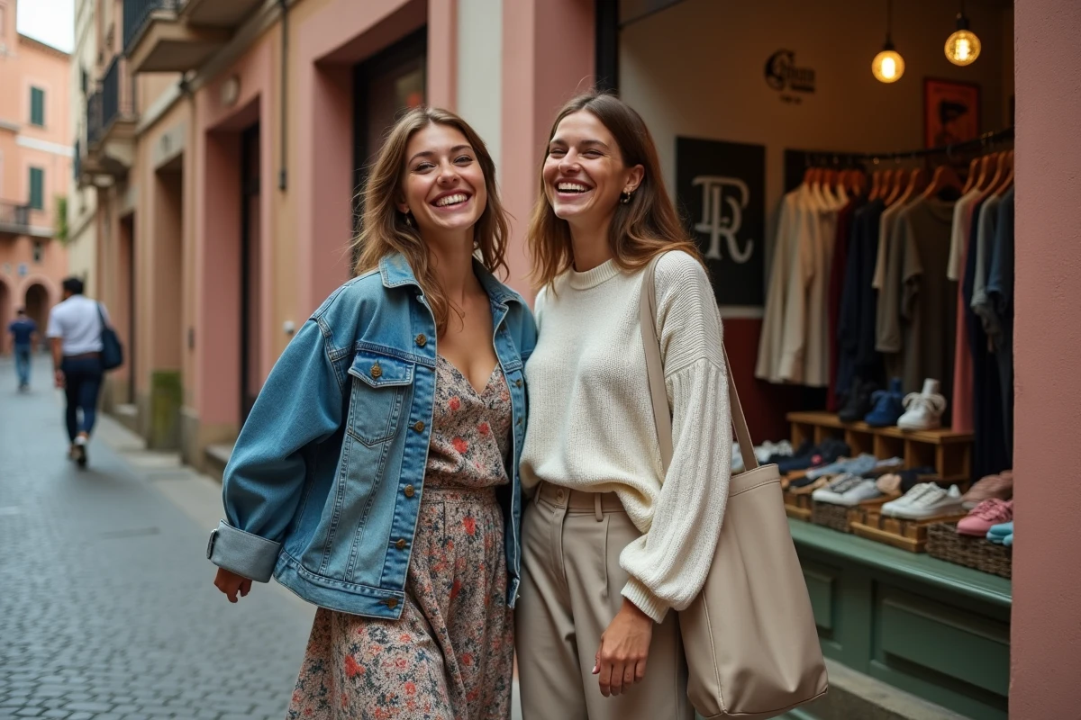 Deux étudiantes devant une boutique vintage dans une rue pavée du centre historique de Toulouse