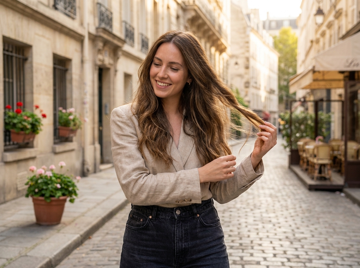 Femme souriante avec des extensions de cheveux naturels longues dans une rue parisienne ensoleillée