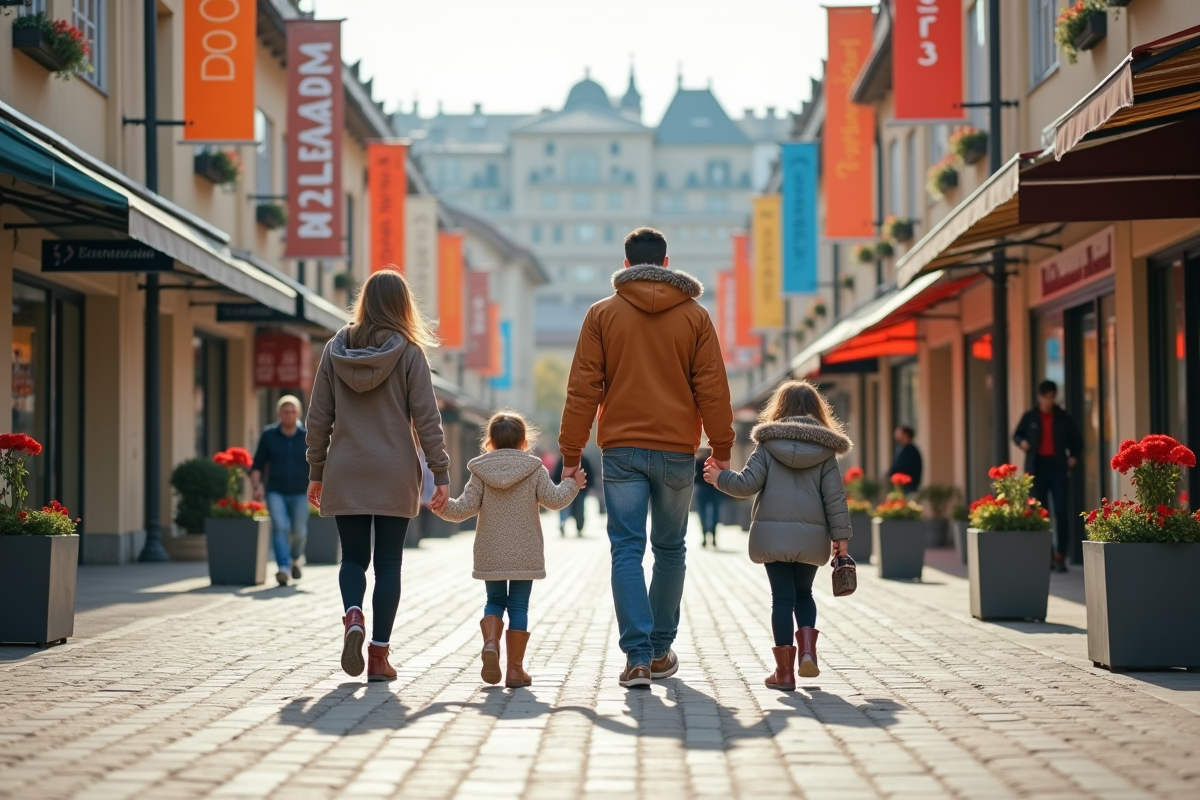 Famille marchant dans une rue piétonne d