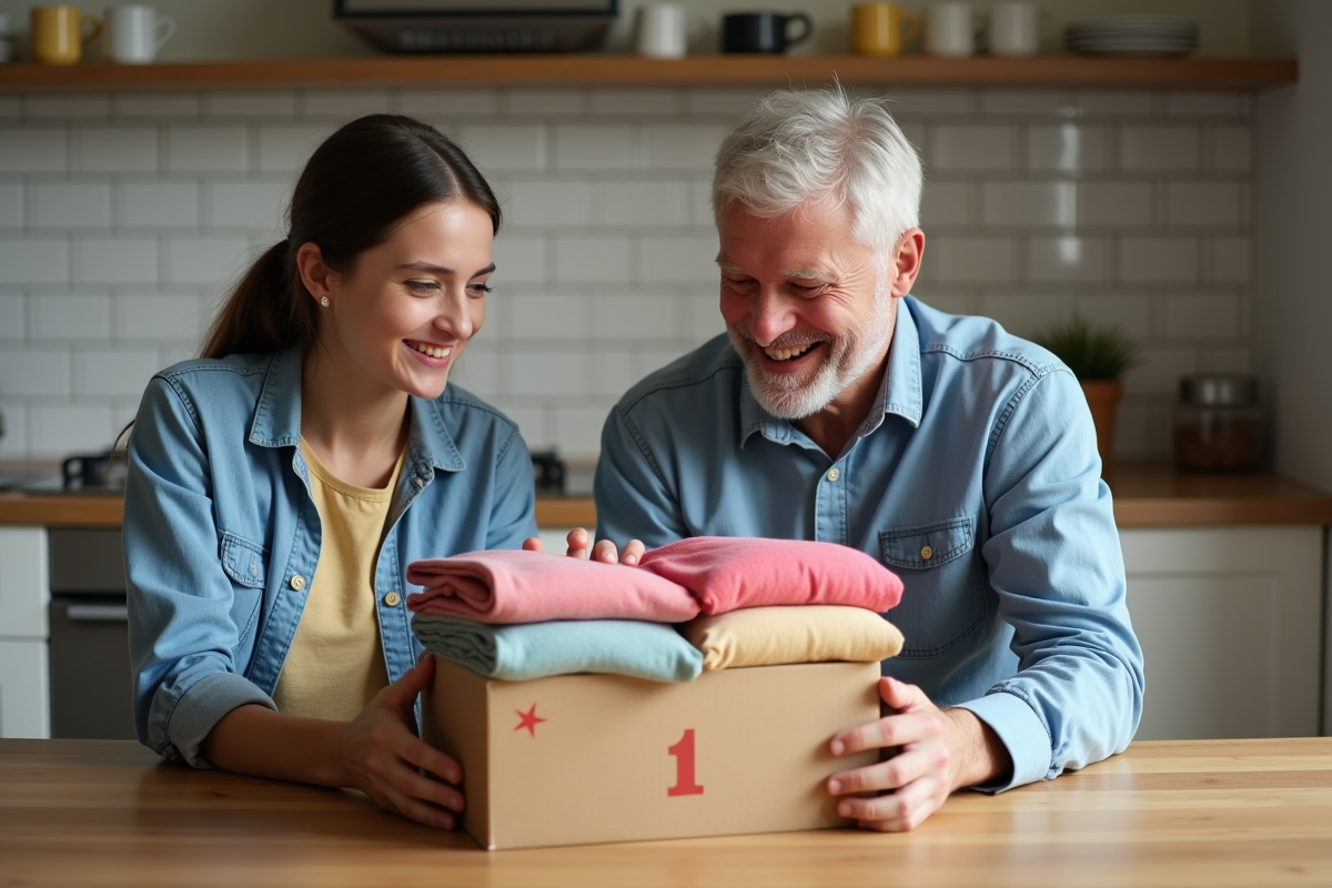 Père et fille déballant un colis de vêtements dans la cuisine