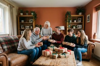Famille multigénérationnelle qui échange des cadeaux économiques dans un salon chaleureux