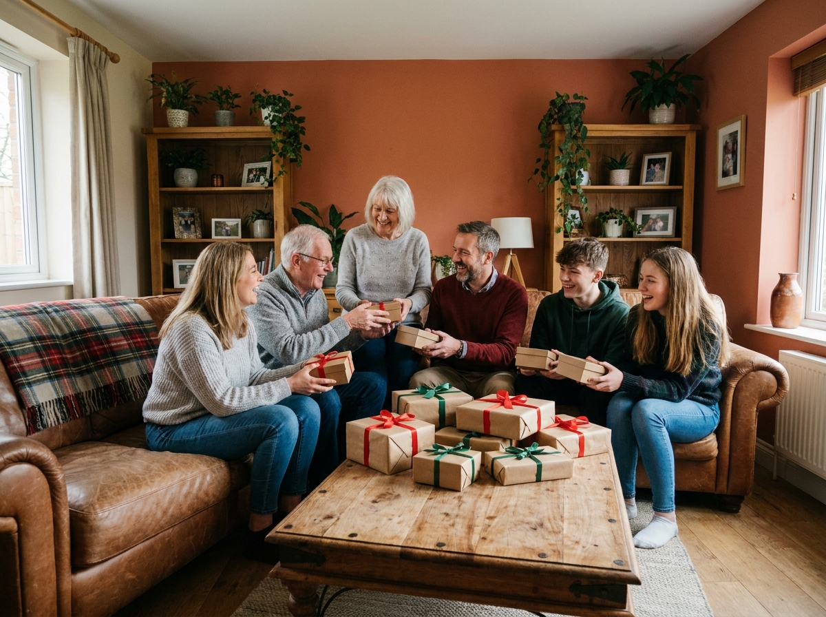 Famille multigénérationnelle qui échange des cadeaux économiques dans un salon chaleureux
