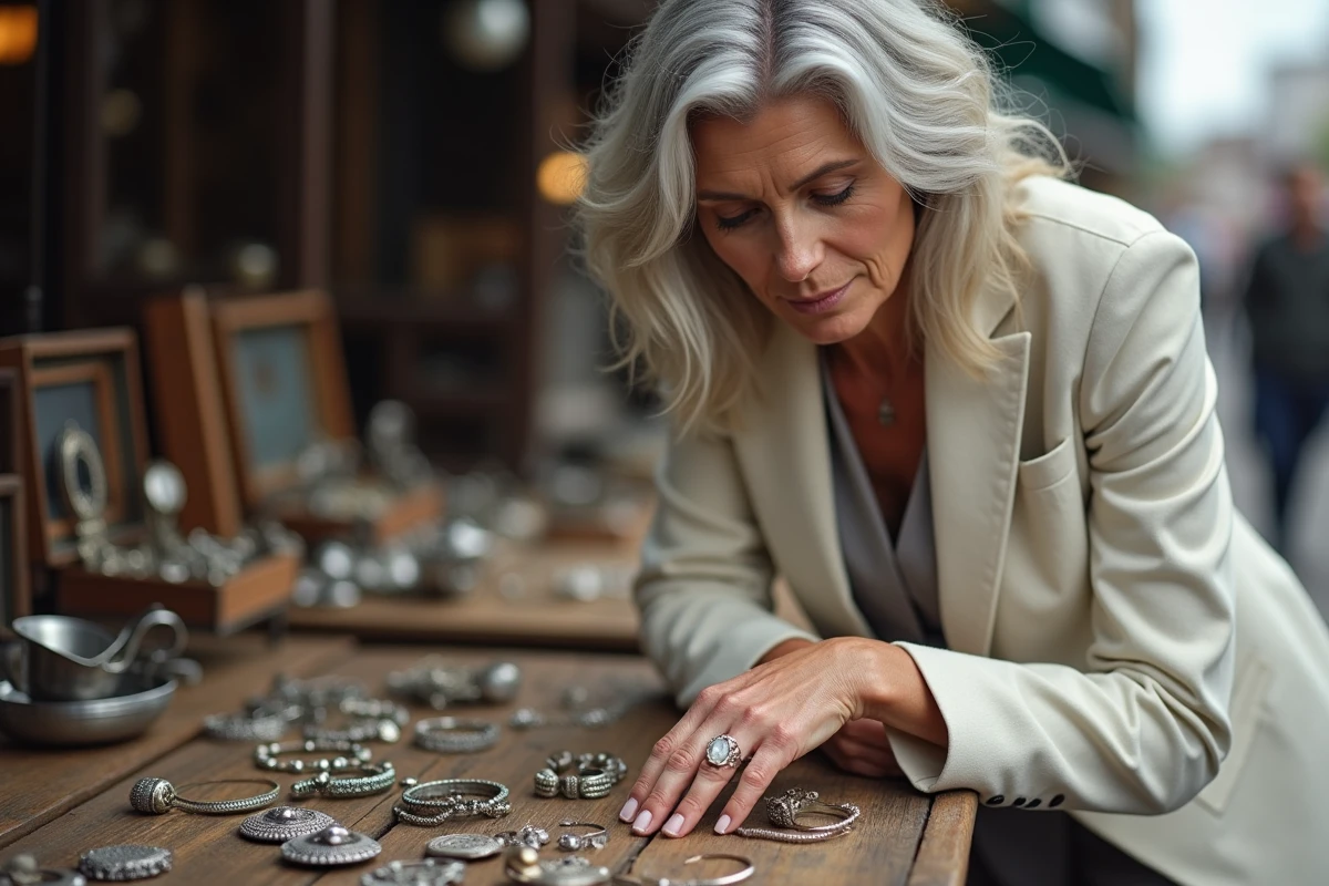 Femme examinant une bague en camée ancienne sur un marché aux puces, main posée sur une table garnie de bijoux de succession vintage