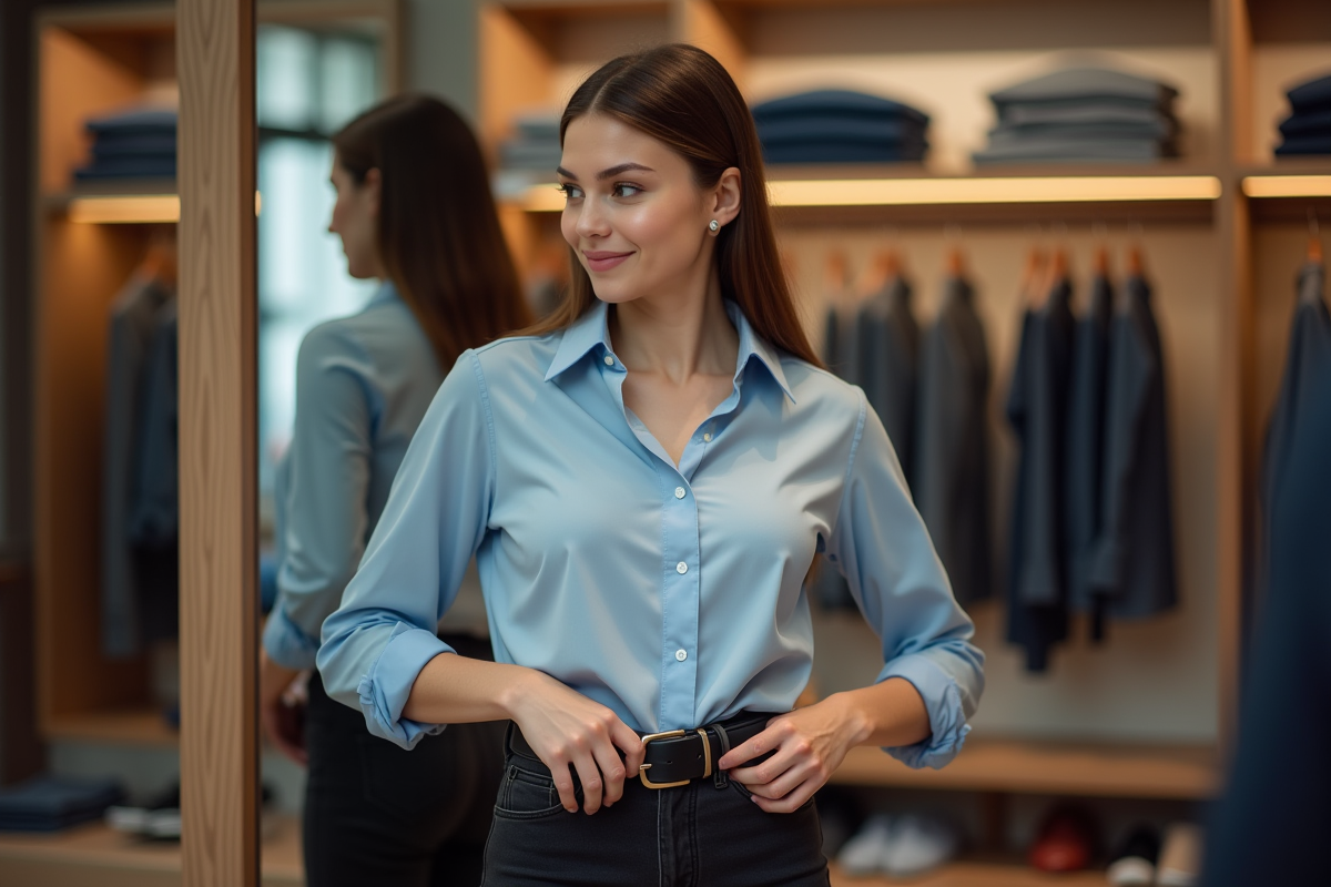 Femme dans un magasin essayant une ceinture noire élégante