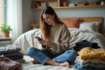 Femme regardant son smartphone dans une chambre organisée