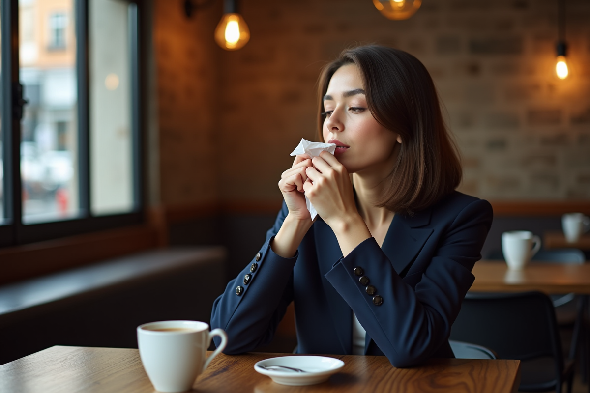 Jeune femme en café blotting son rouge à lèvres